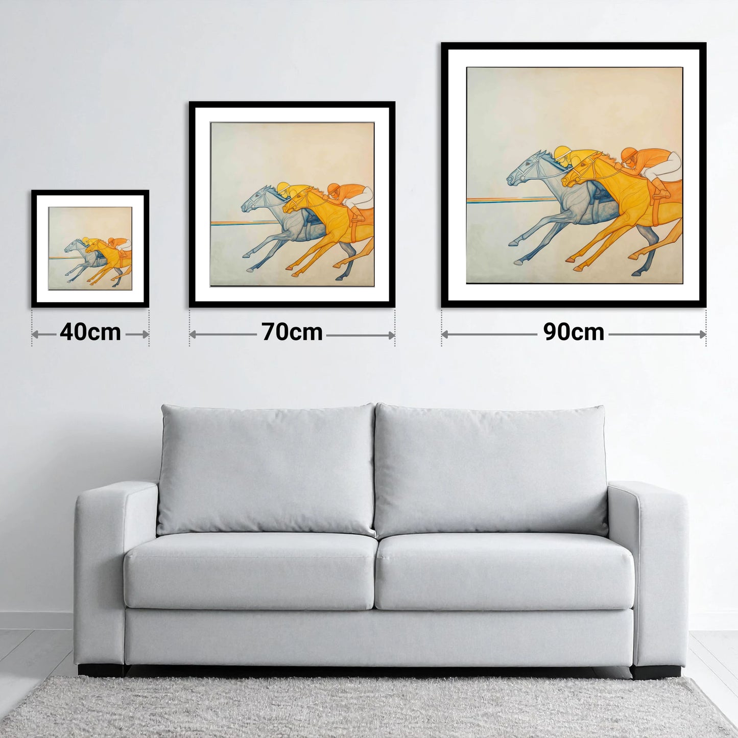 Rhythmic Pursuit - size guide showing 40cm, 70cm and 90cm art prints