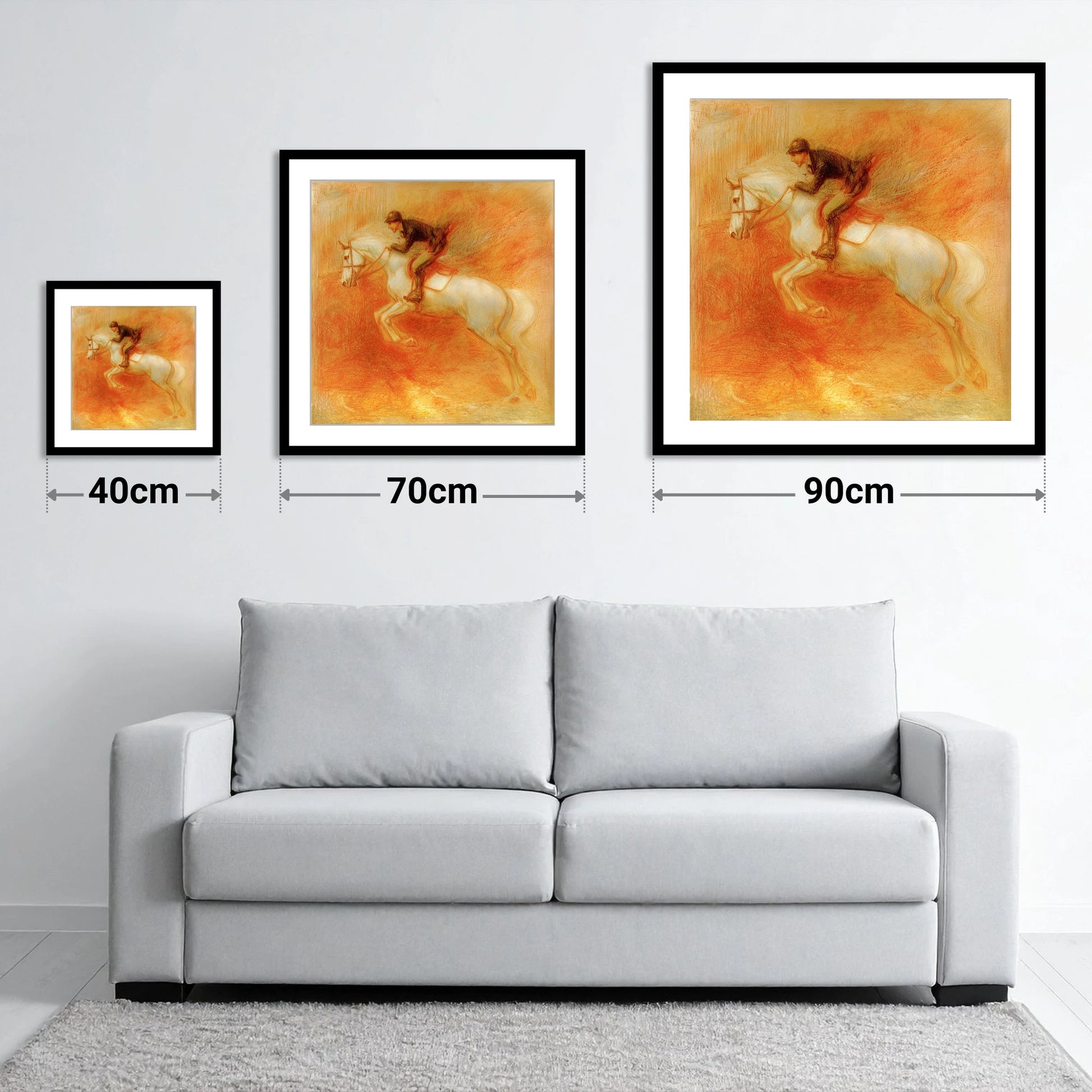 Terracotta Flight - size guide showing 40cm, 70cm and 90cm art prints