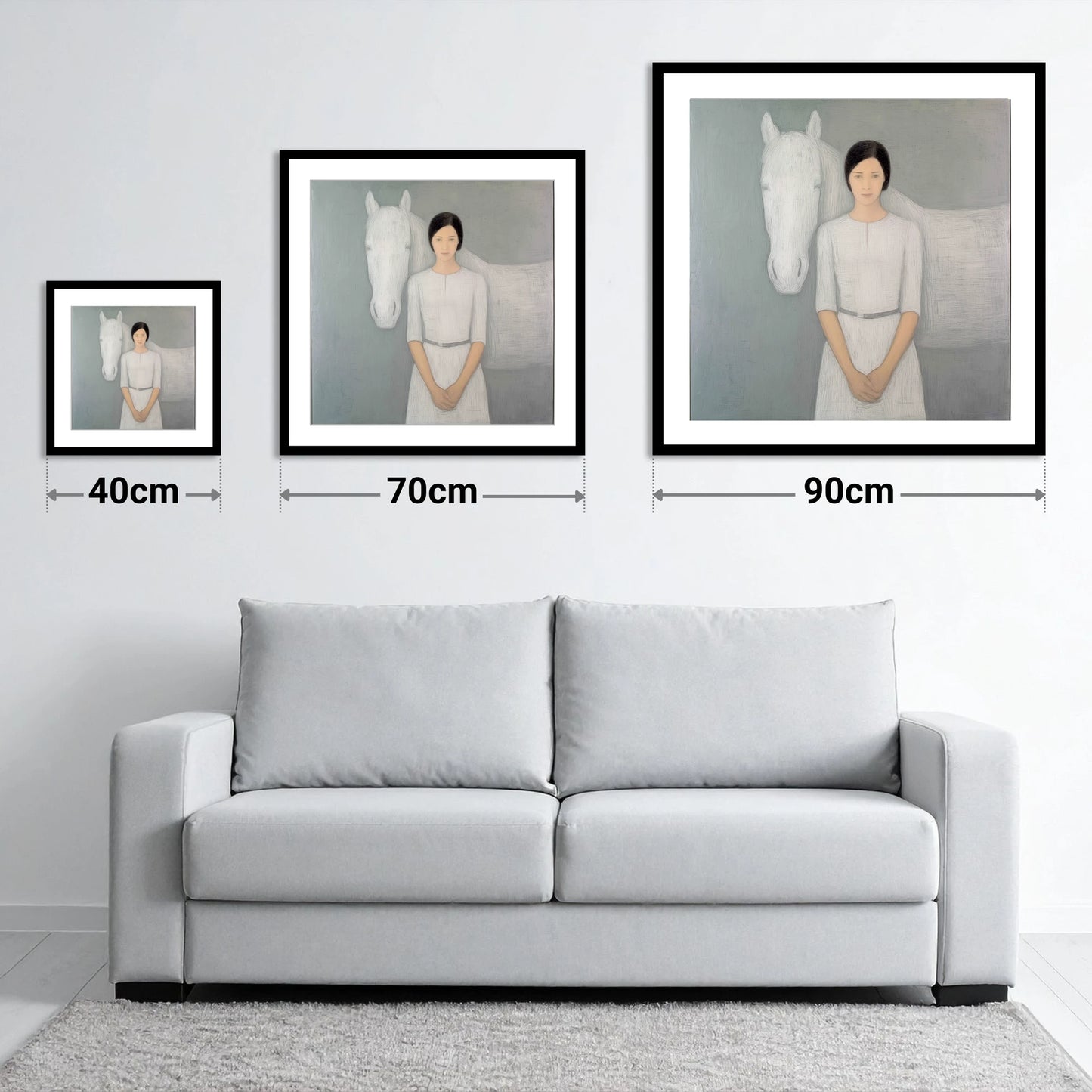 Quiet Connection - size guide showing 40cm, 70cm and 90cm art prints