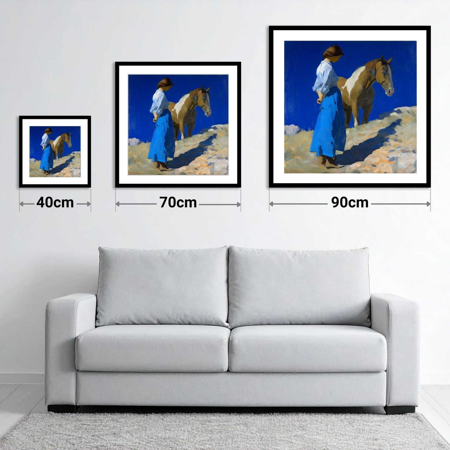 Under the Cobalt Sky - size guide showing 40cm, 70cm and 90cm art prints