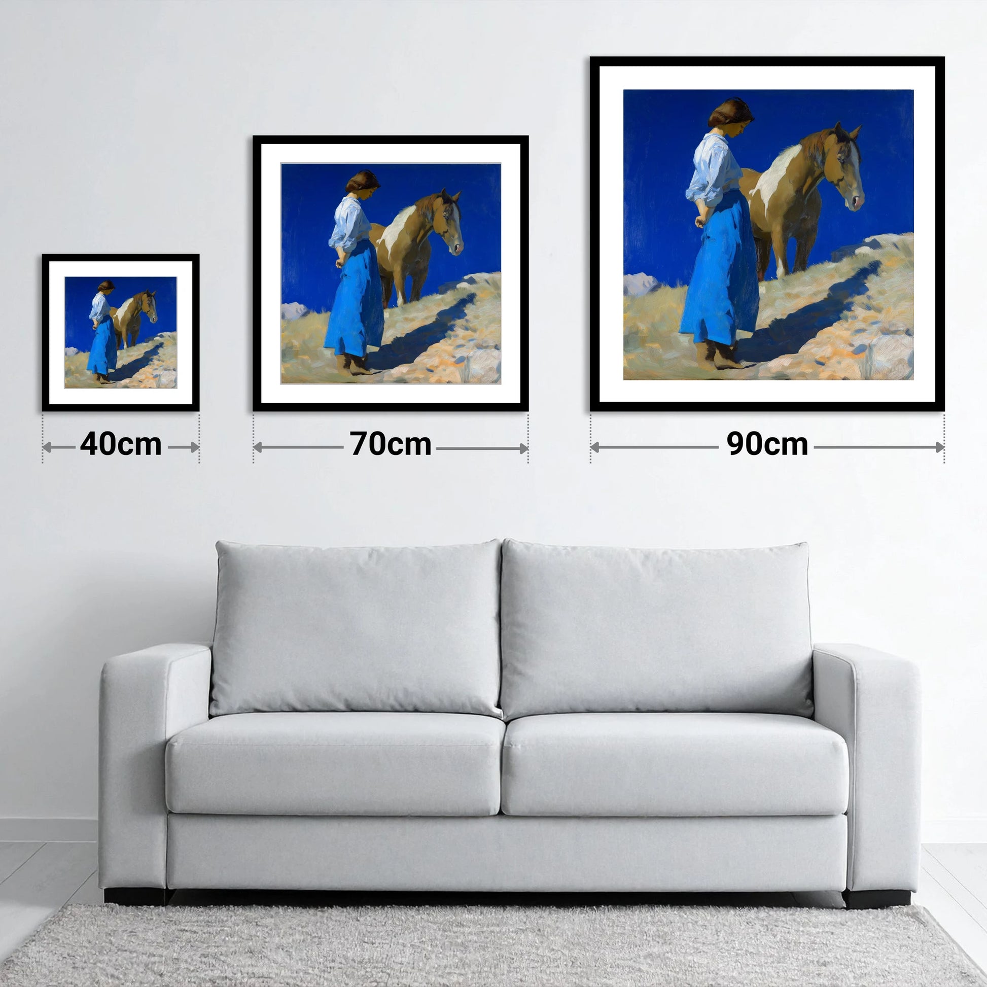 Under the Cobalt Sky - size guide showing 40cm, 70cm and 90cm art prints
