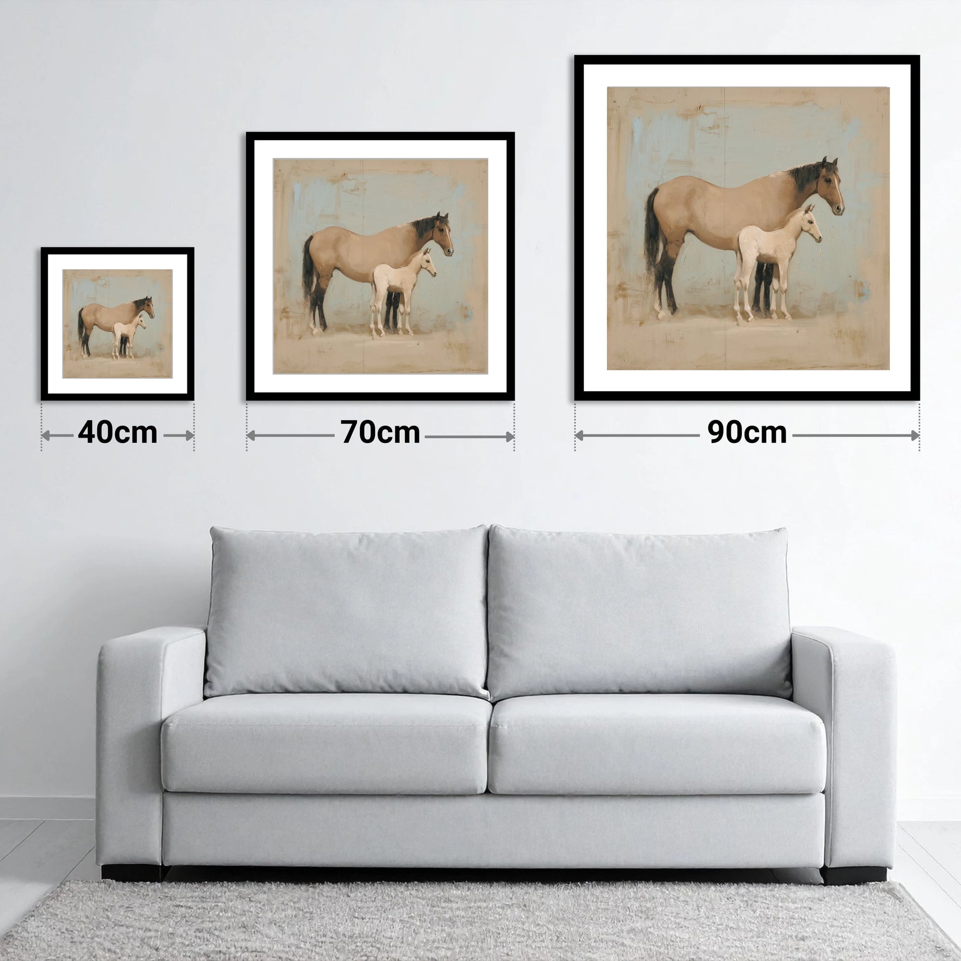 A Quiet Bond - size guide showing 40cm, 70cm and 90cm art prints