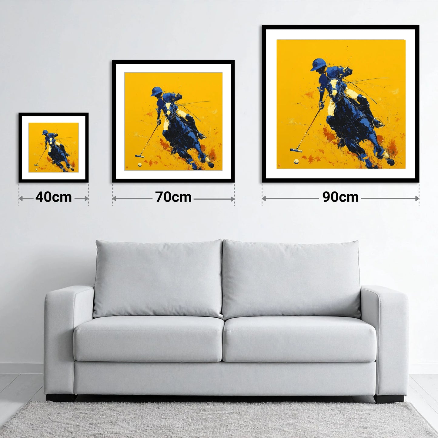 Indigo Chukka Strike - size guide showing 40cm, 70cm and 90cm art prints