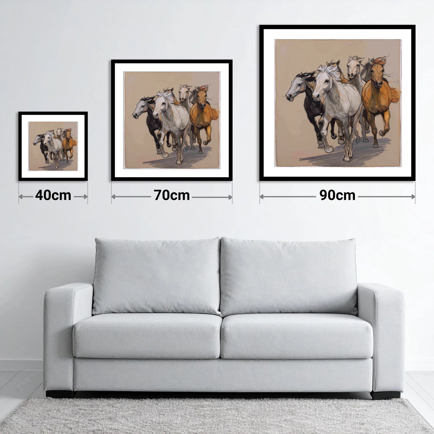 Unbridled Momentum - size guide showing 40cm, 70cm and 90cm art prints