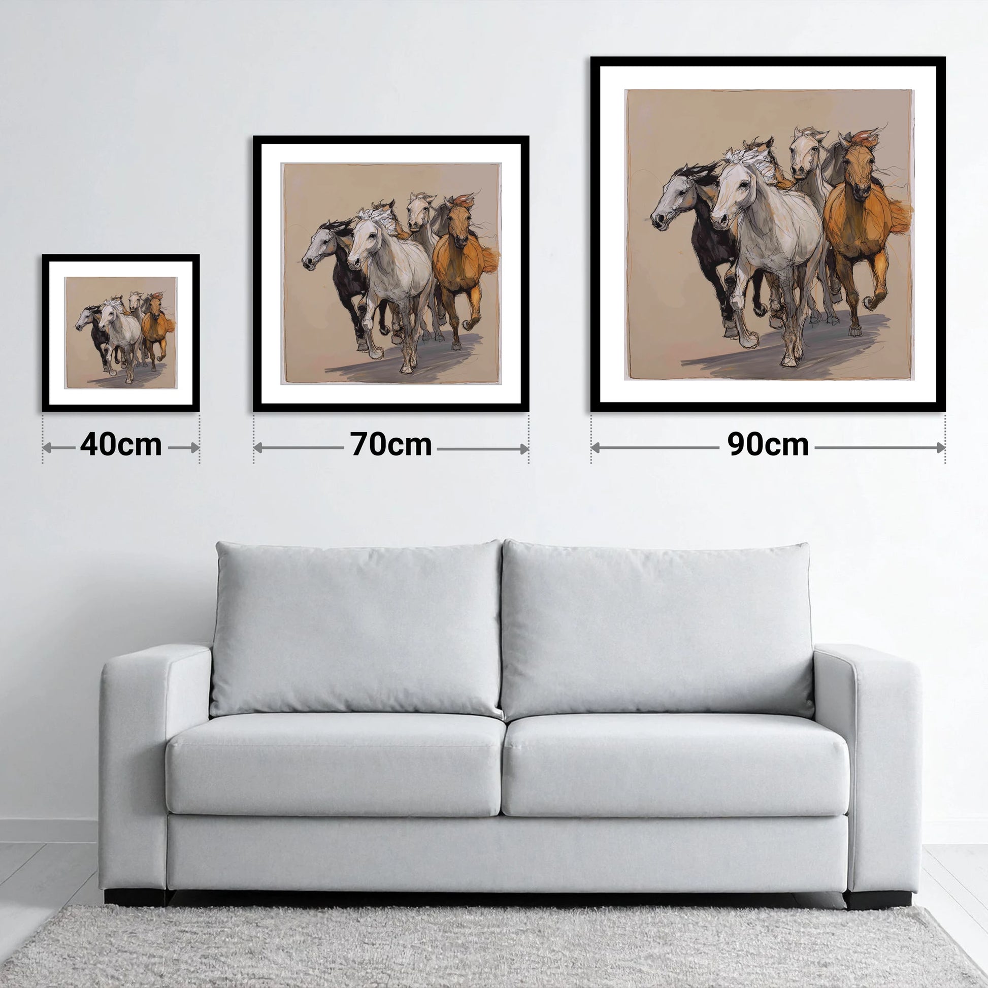 Unbridled Momentum - size guide showing 40cm, 70cm and 90cm art prints