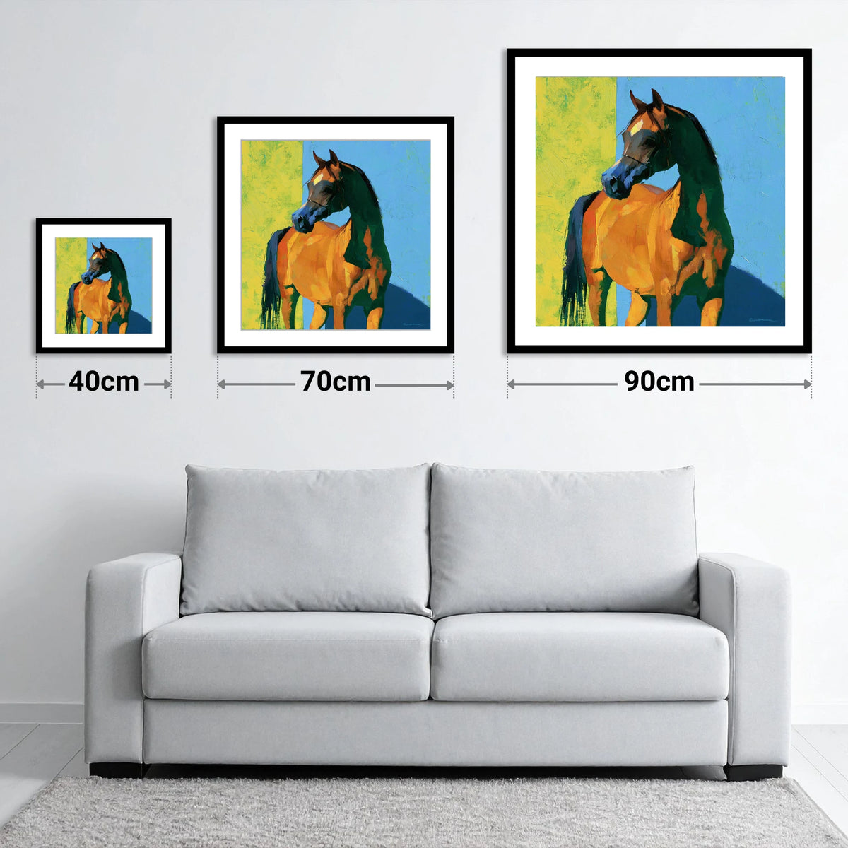 Arabian Horse in Bold Colours - size guide showing 40cm, 70cm and 90cm art prints