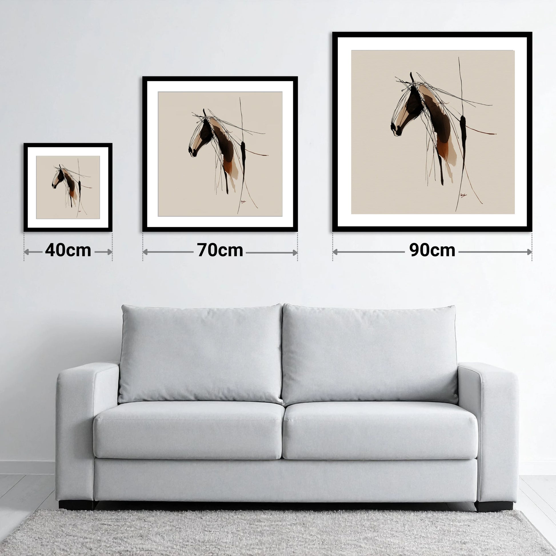 Fluid Grace - size guide showing 40cm, 70cm and 90cm art prints