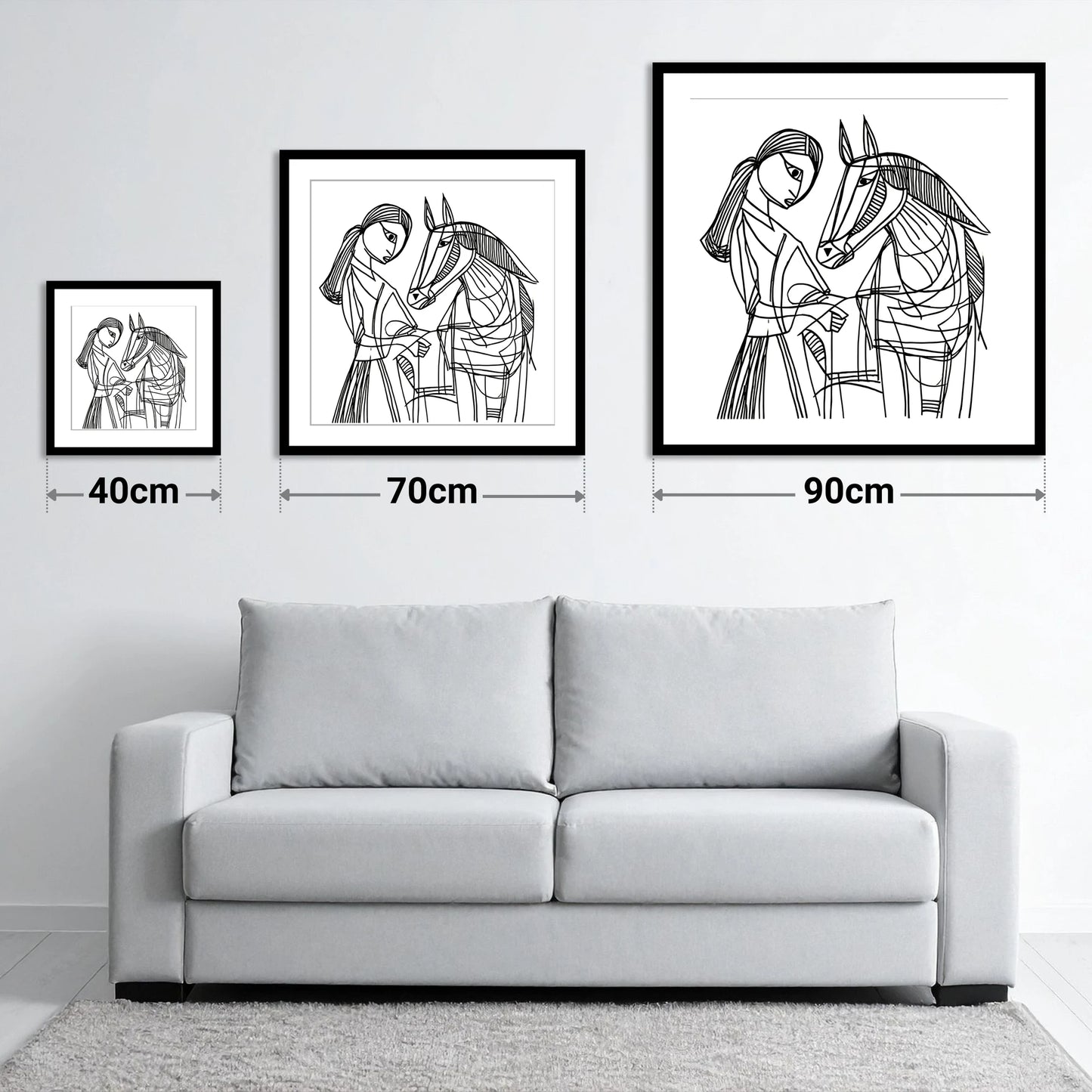 Lines of Connection - size guide showing 40cm, 70cm and 90cm art prints