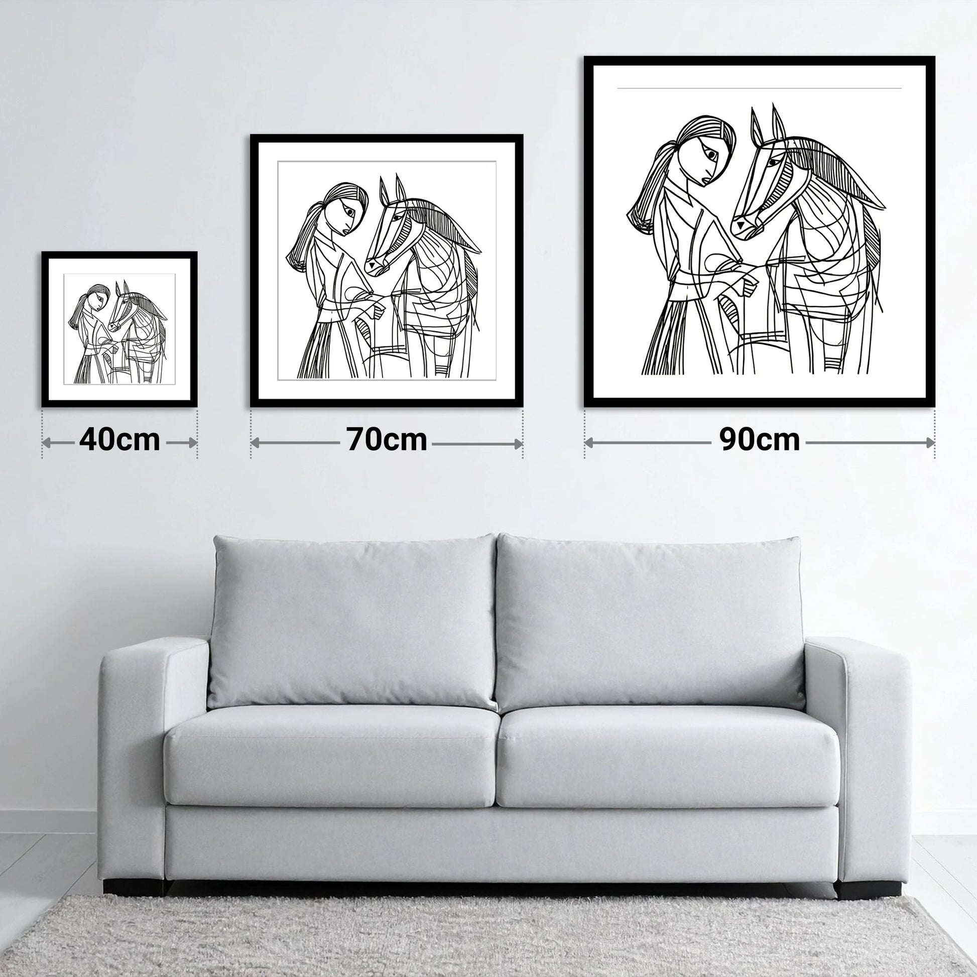Lines of Connection - size guide showing 40cm, 70cm and 90cm art prints