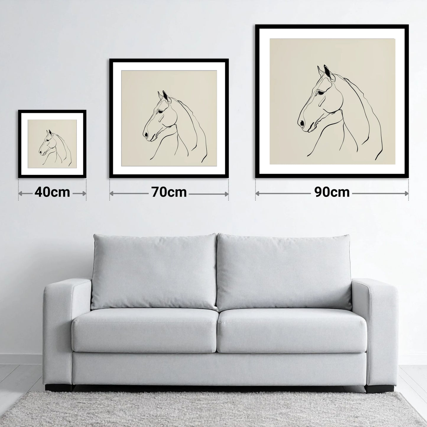 Fluid Equine Profile - size guide showing 40cm, 70cm and 90cm art prints