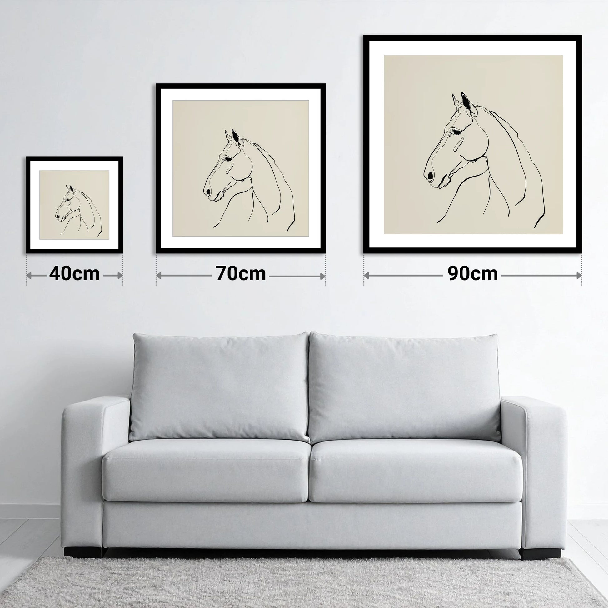 Fluid Equine Profile - size guide showing 40cm, 70cm and 90cm art prints