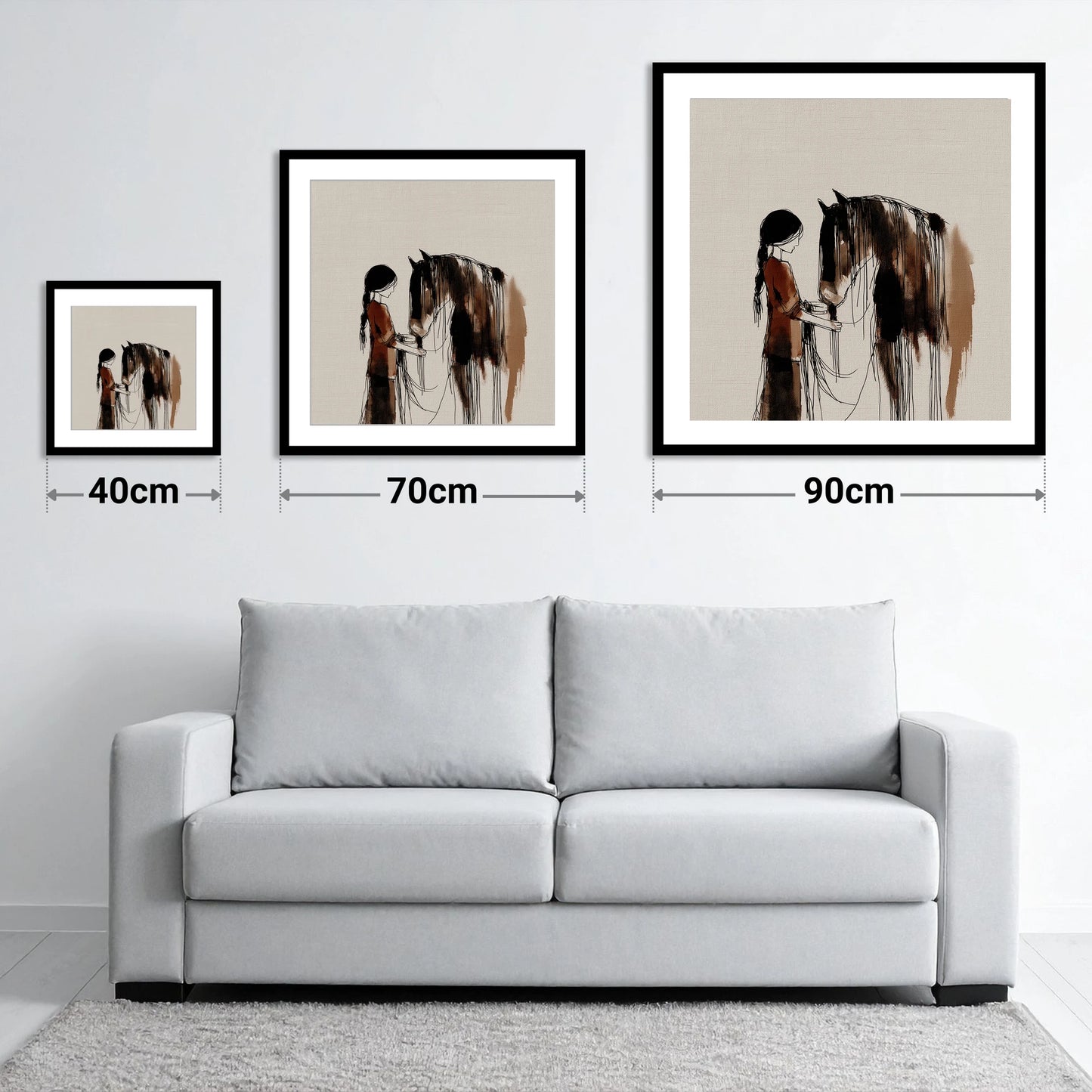 A Quiet Understanding - size guide showing 40cm, 70cm and 90cm art prints