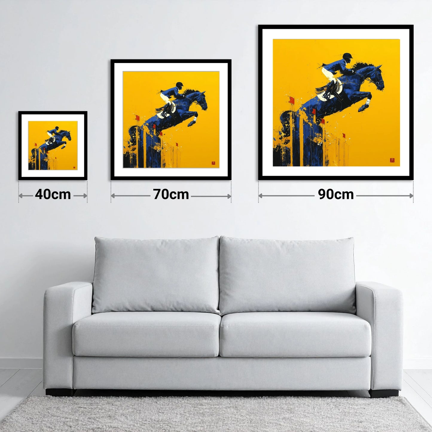 Indigo Ascent - size guide showing 40cm, 70cm and 90cm art prints