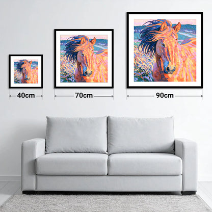 Vibrant Windblown Horse Portrait - size guide showing 40cm, 70cm and 90cm art prints