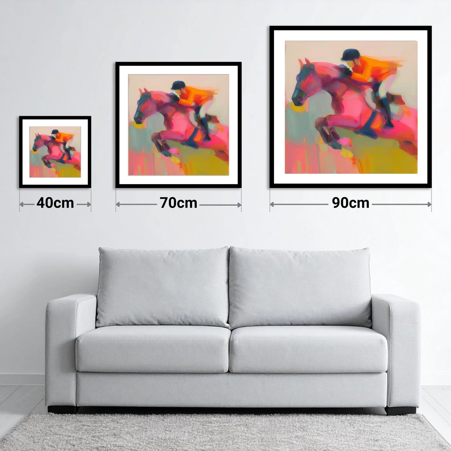 Vivid Ascent - size guide showing 40cm, 70cm and 90cm art prints
