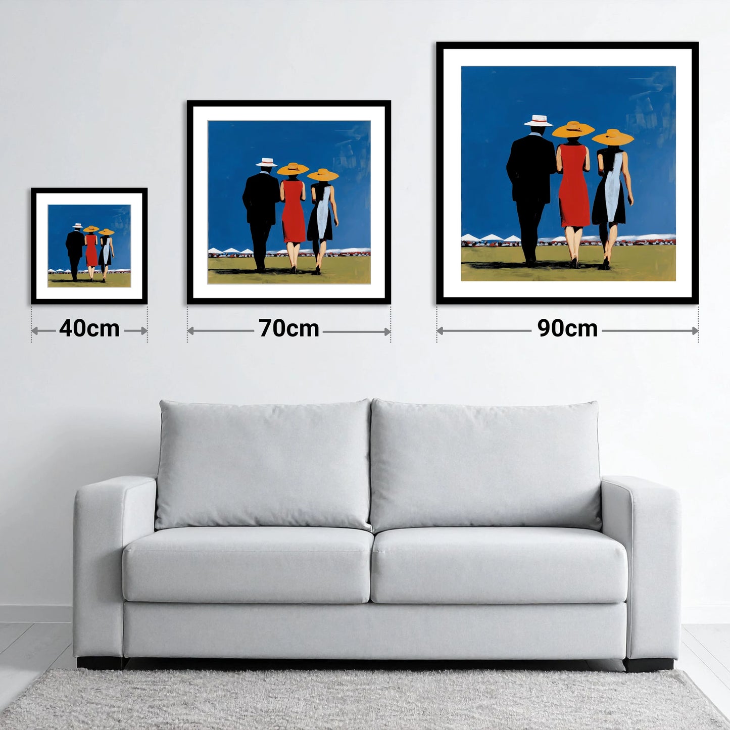Summer Racing Elegance - size guide showing 40cm, 70cm and 90cm art prints