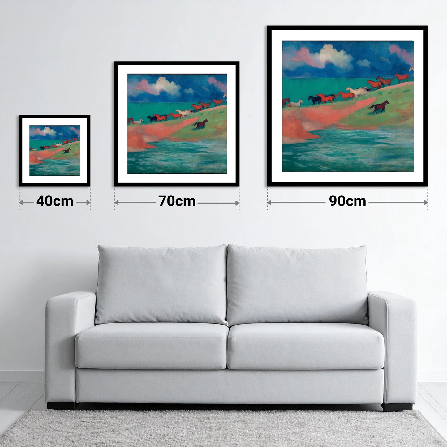 Spirited Coastal Herd - size guide showing 40cm, 70cm and 90cm art prints
