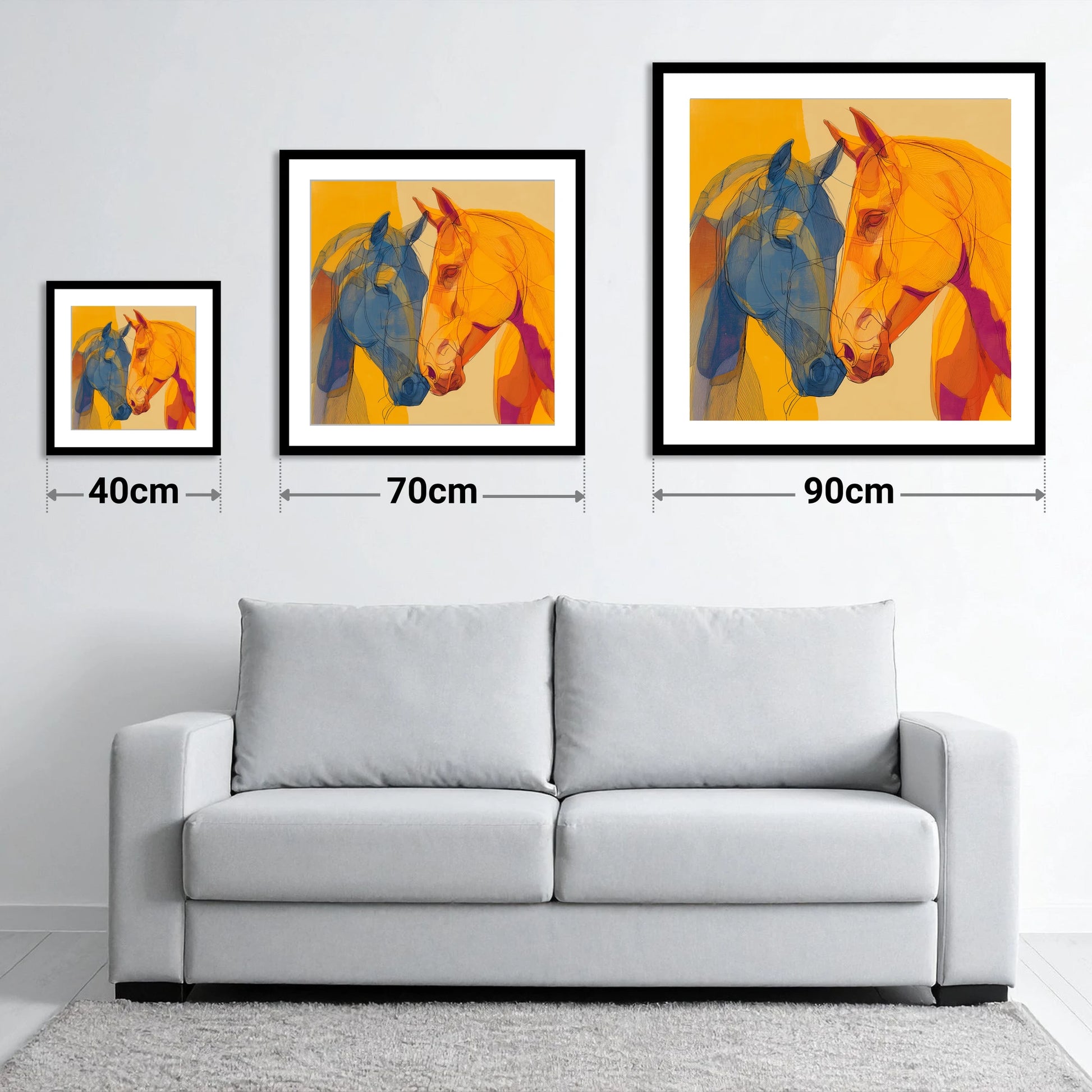 Cobalt and Amber Bond - size guide showing 40cm, 70cm and 90cm art prints