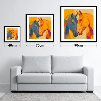 Cobalt and Amber Bond - size guide showing 40cm, 70cm and 90cm art prints