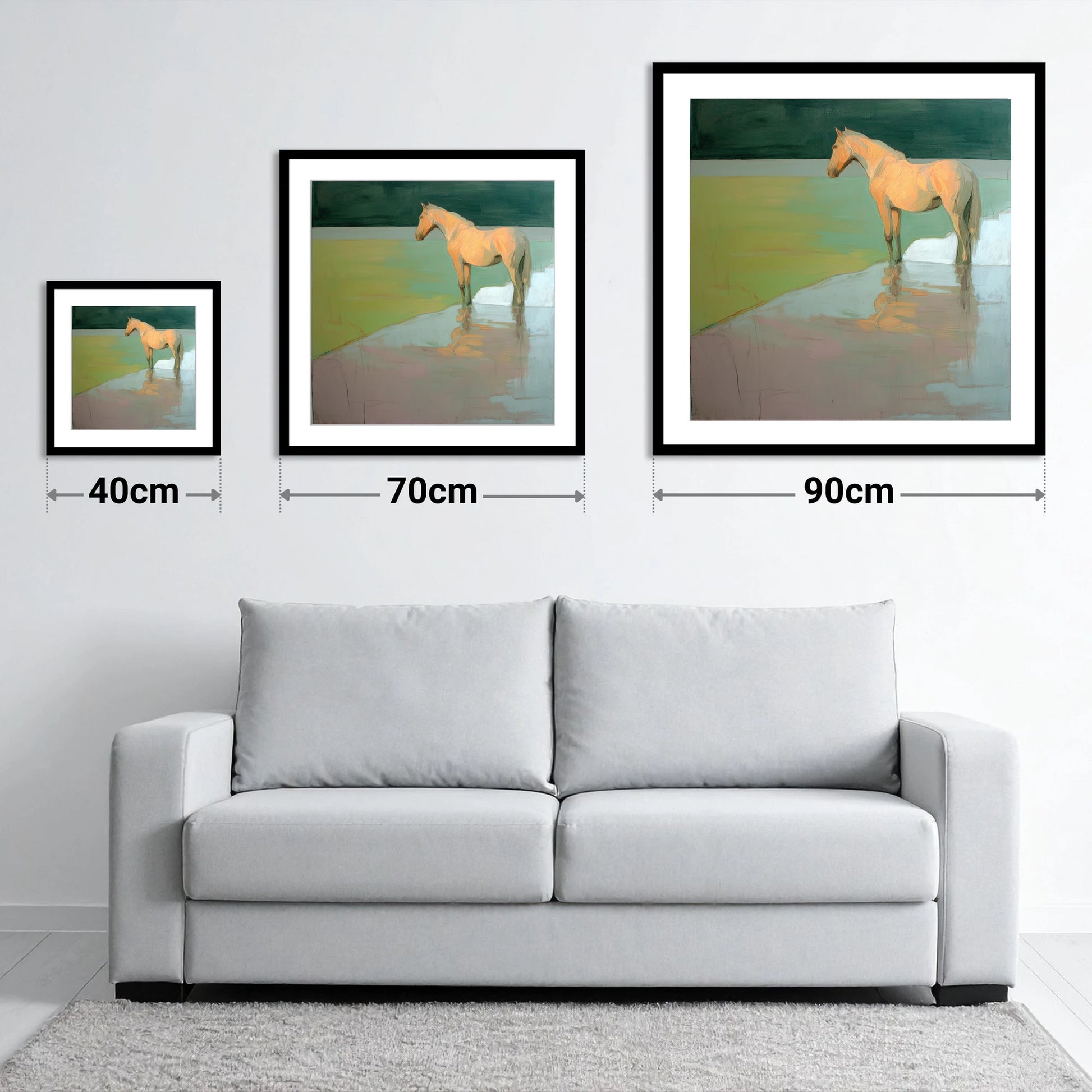 Serene Beach Reflection - size guide showing 40cm, 70cm and 90cm art prints