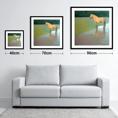 Serene Beach Reflection - size guide showing 40cm, 70cm and 90cm art prints