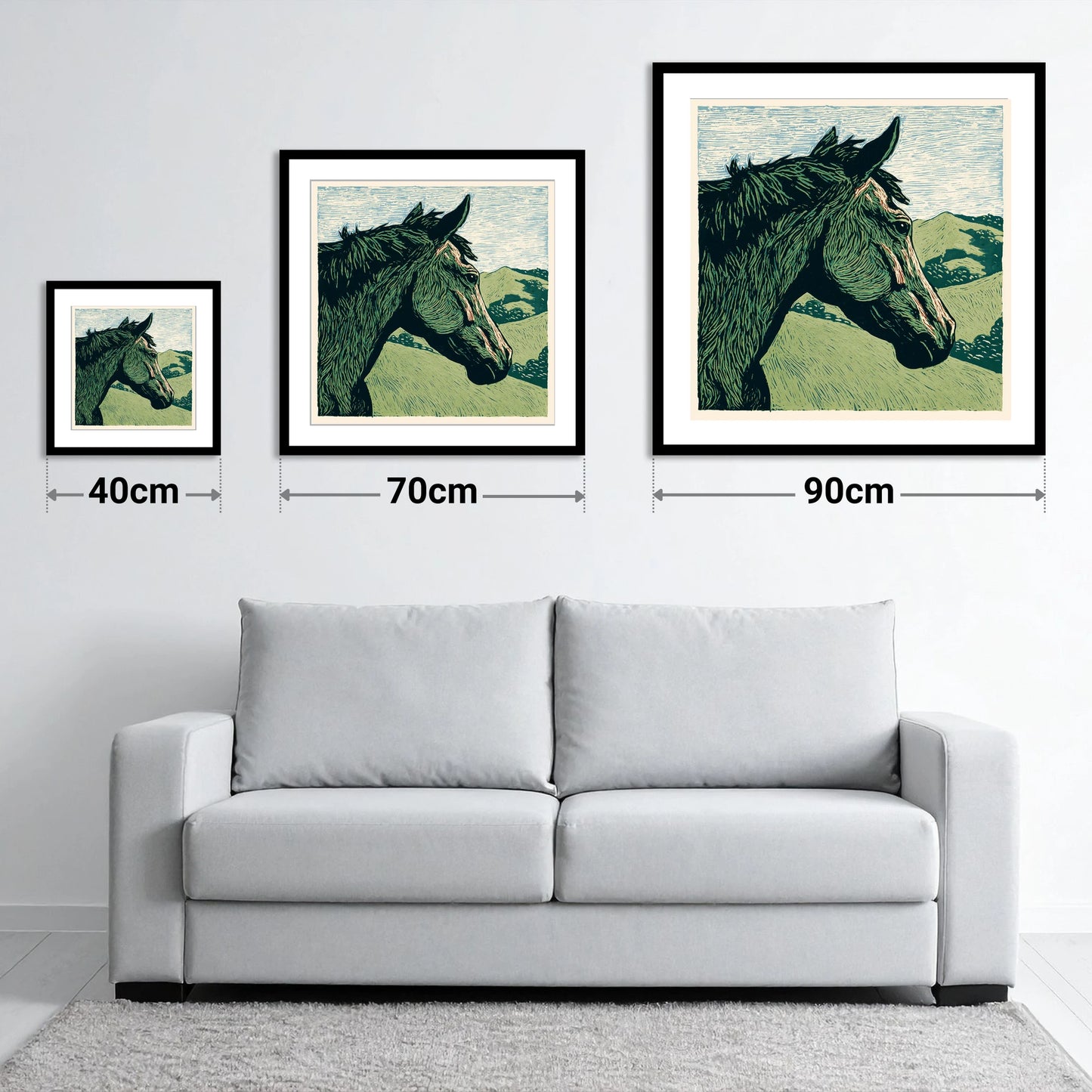 Verdant Valley Gaze - size guide showing 40cm, 70cm and 90cm art prints