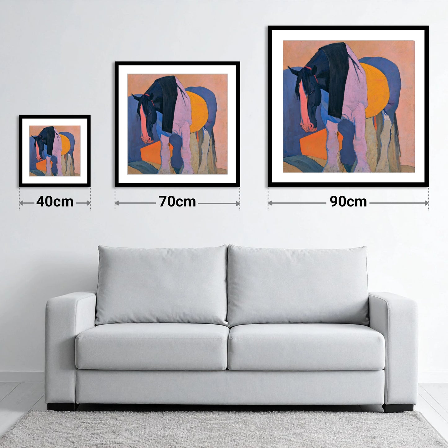 Colourful Abstract Shire Horse - size guide showing 40cm, 70cm and 90cm art prints