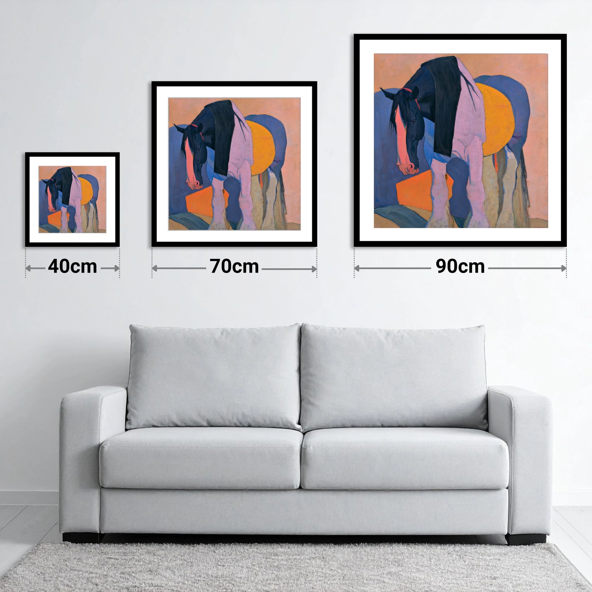 Colourful Abstract Shire Horse - size guide showing 40cm, 70cm and 90cm art prints