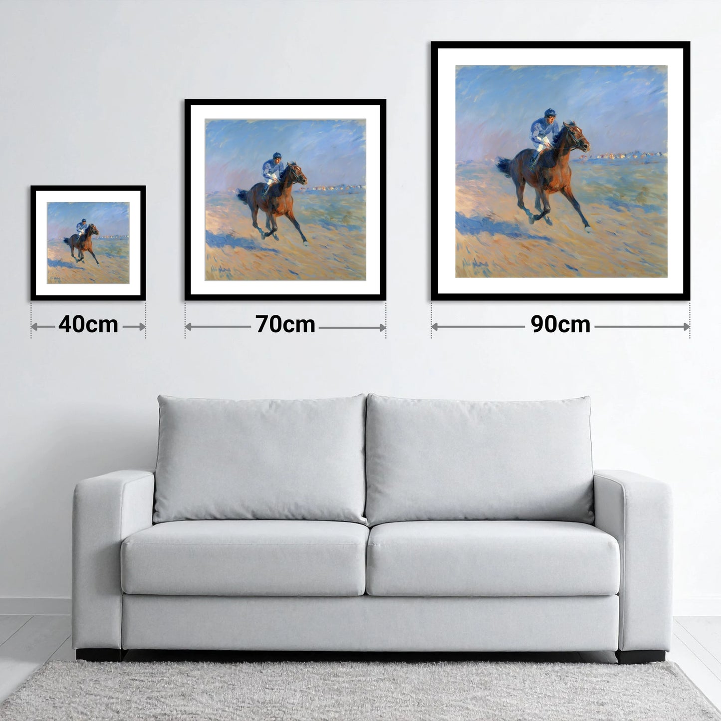 The Morning Gallop - size guide showing 40cm, 70cm and 90cm art prints