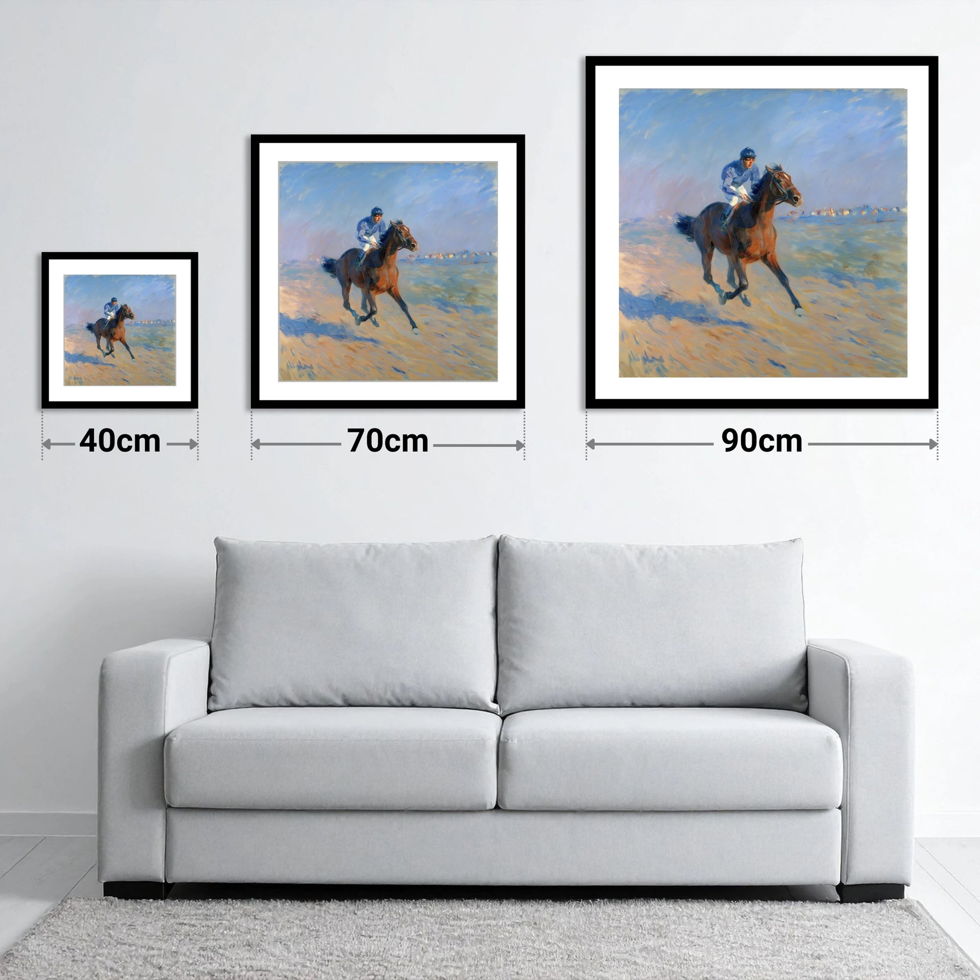 The Morning Gallop - size guide showing 40cm, 70cm and 90cm art prints