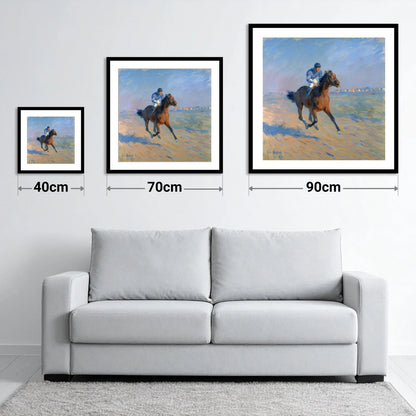 The Morning Gallop - size guide showing 40cm, 70cm and 90cm art prints