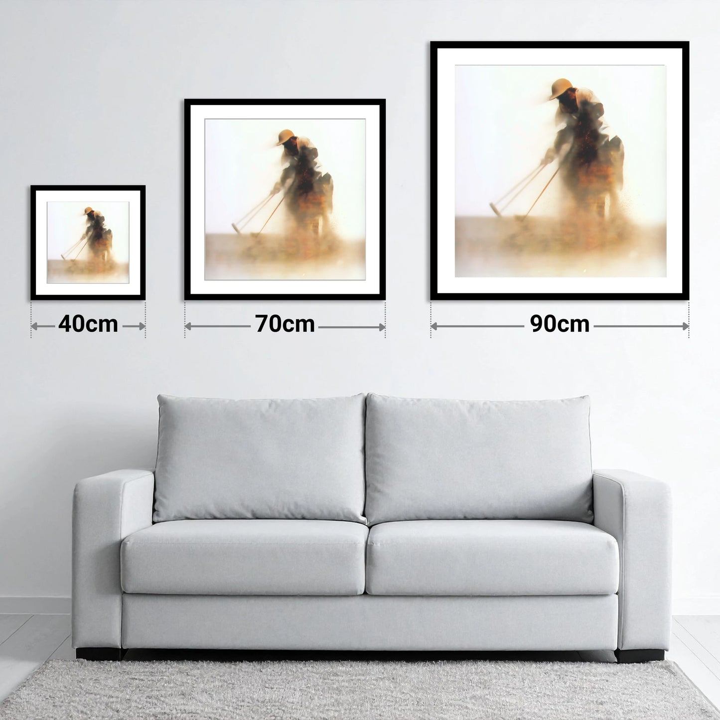 Suspended in Dust - size guide showing 40cm, 70cm and 90cm art prints
