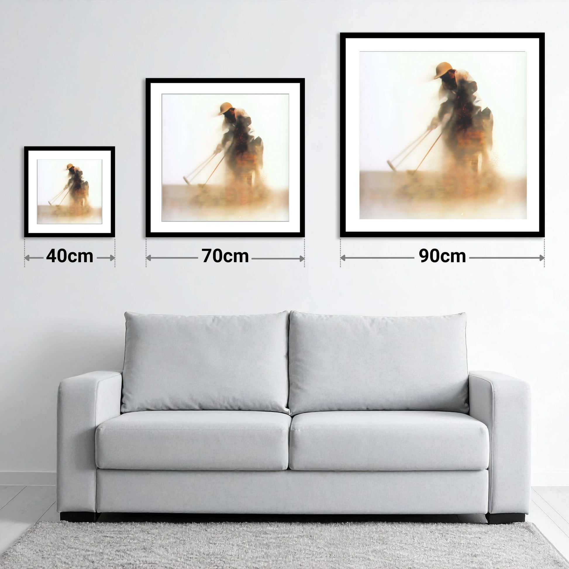 Suspended in Dust - size guide showing 40cm, 70cm and 90cm art prints