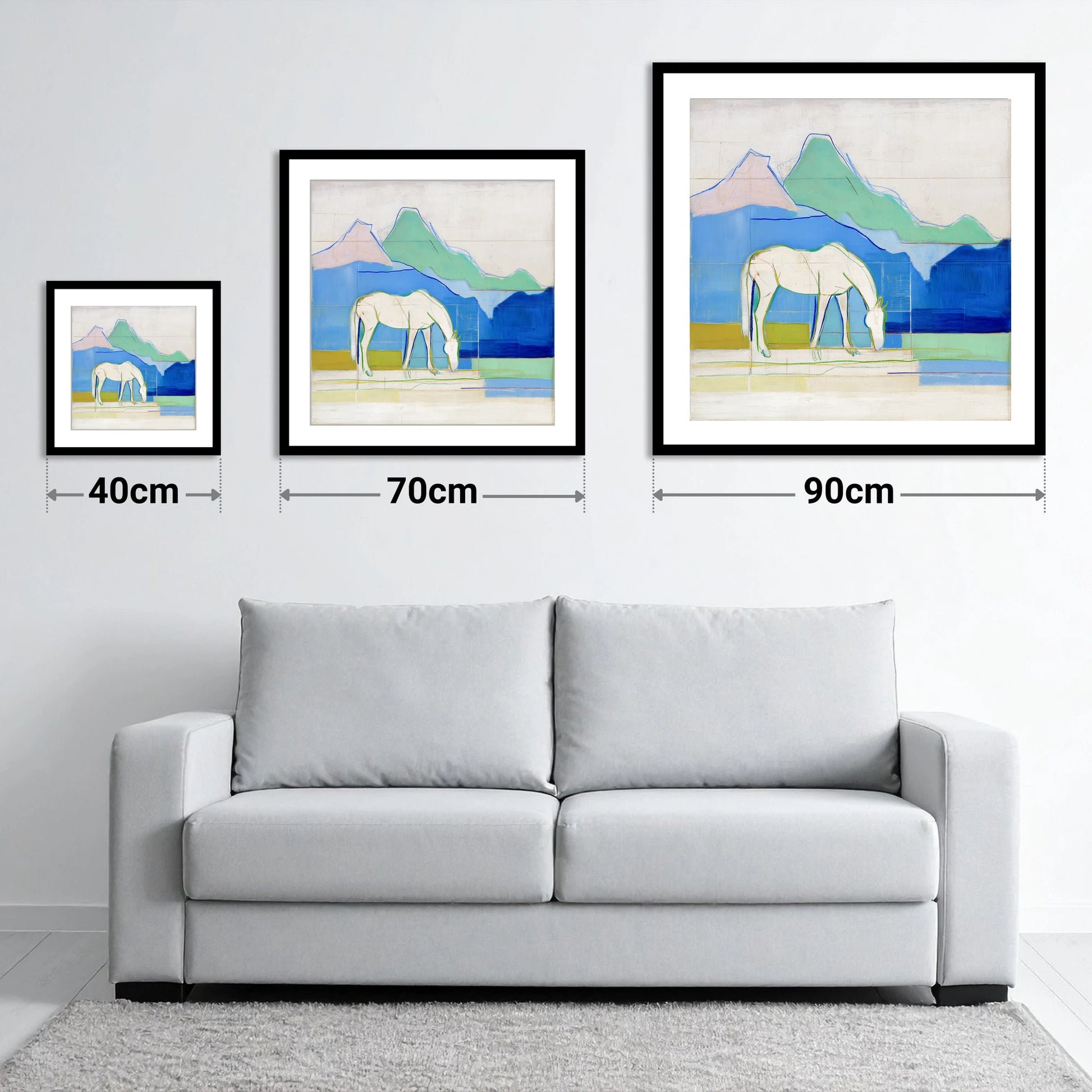 Abstract Azure Meadow - size guide showing 40cm, 70cm and 90cm art prints