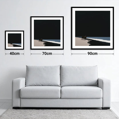 Obsidian Shores - size guide showing 40cm, 70cm and 90cm art prints
