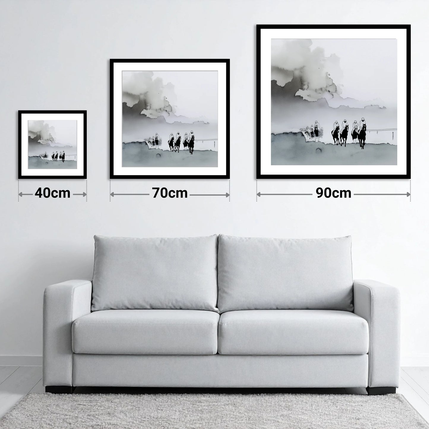 The Morning Gallops - size guide showing 40cm, 70cm and 90cm art prints