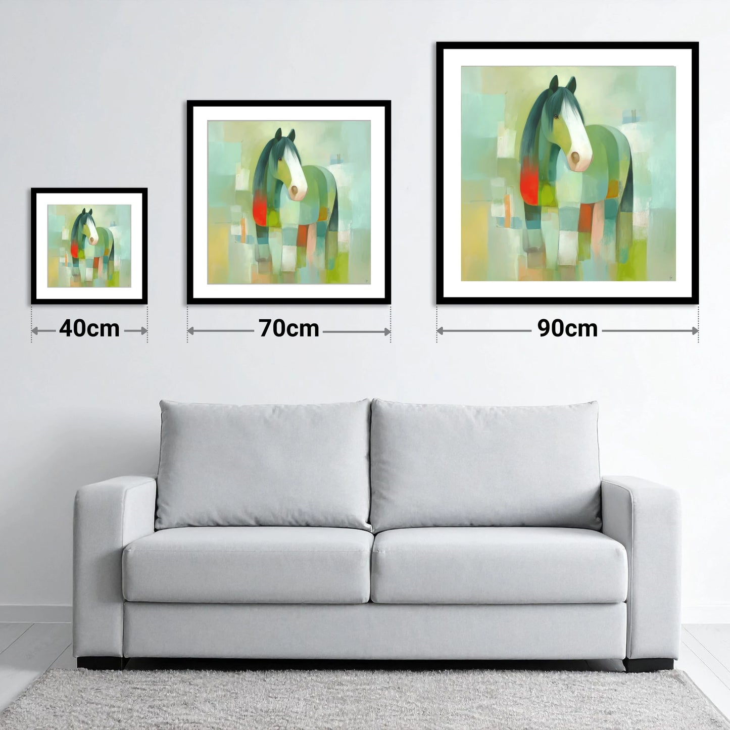 Modern Geometric Cob - size guide showing 40cm, 70cm and 90cm art prints