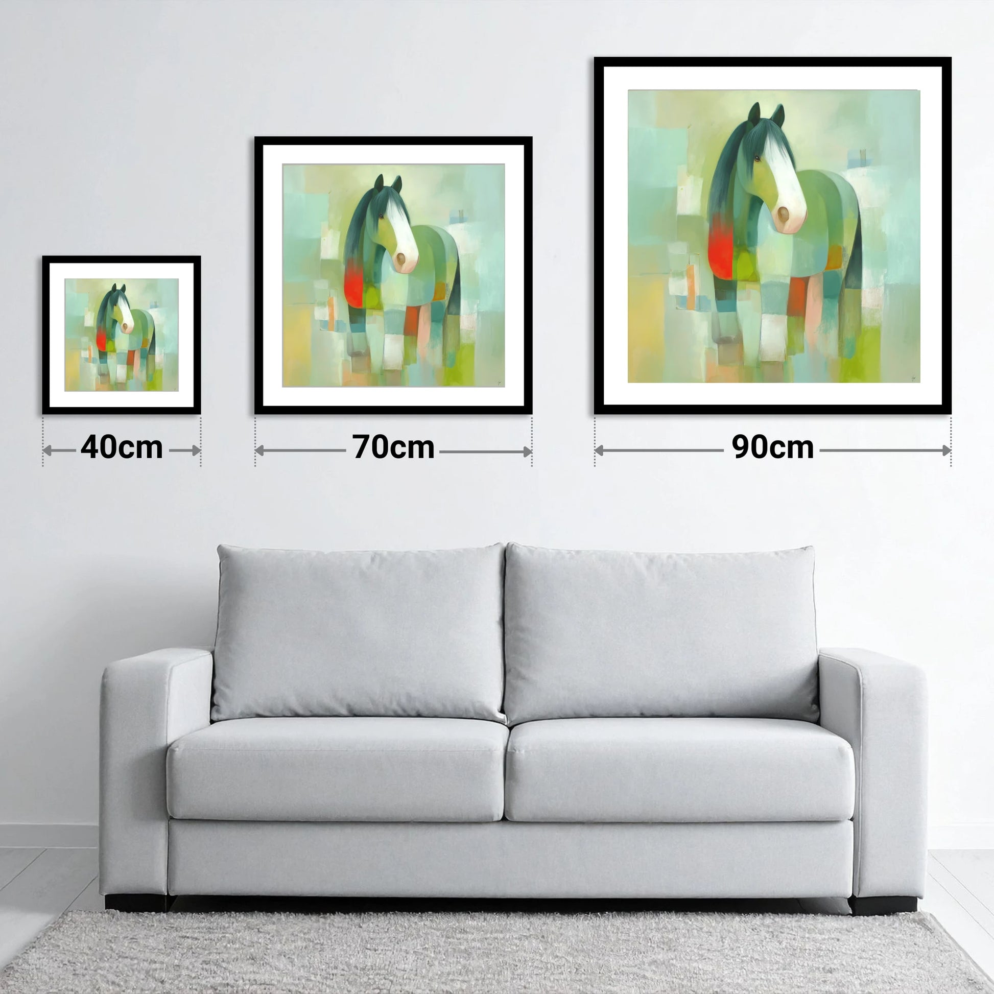 Modern Geometric Cob - size guide showing 40cm, 70cm and 90cm art prints