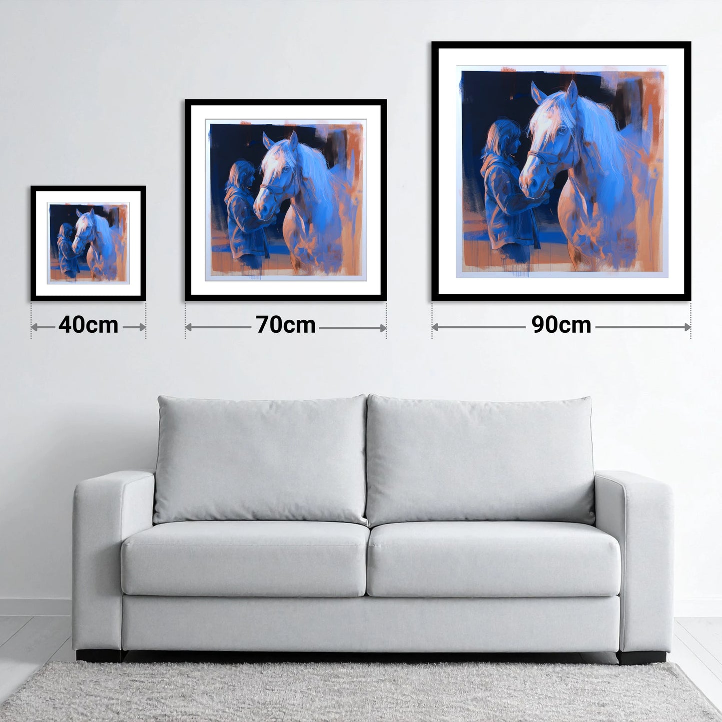 The Cobalt Bond - size guide showing 40cm, 70cm and 90cm art prints