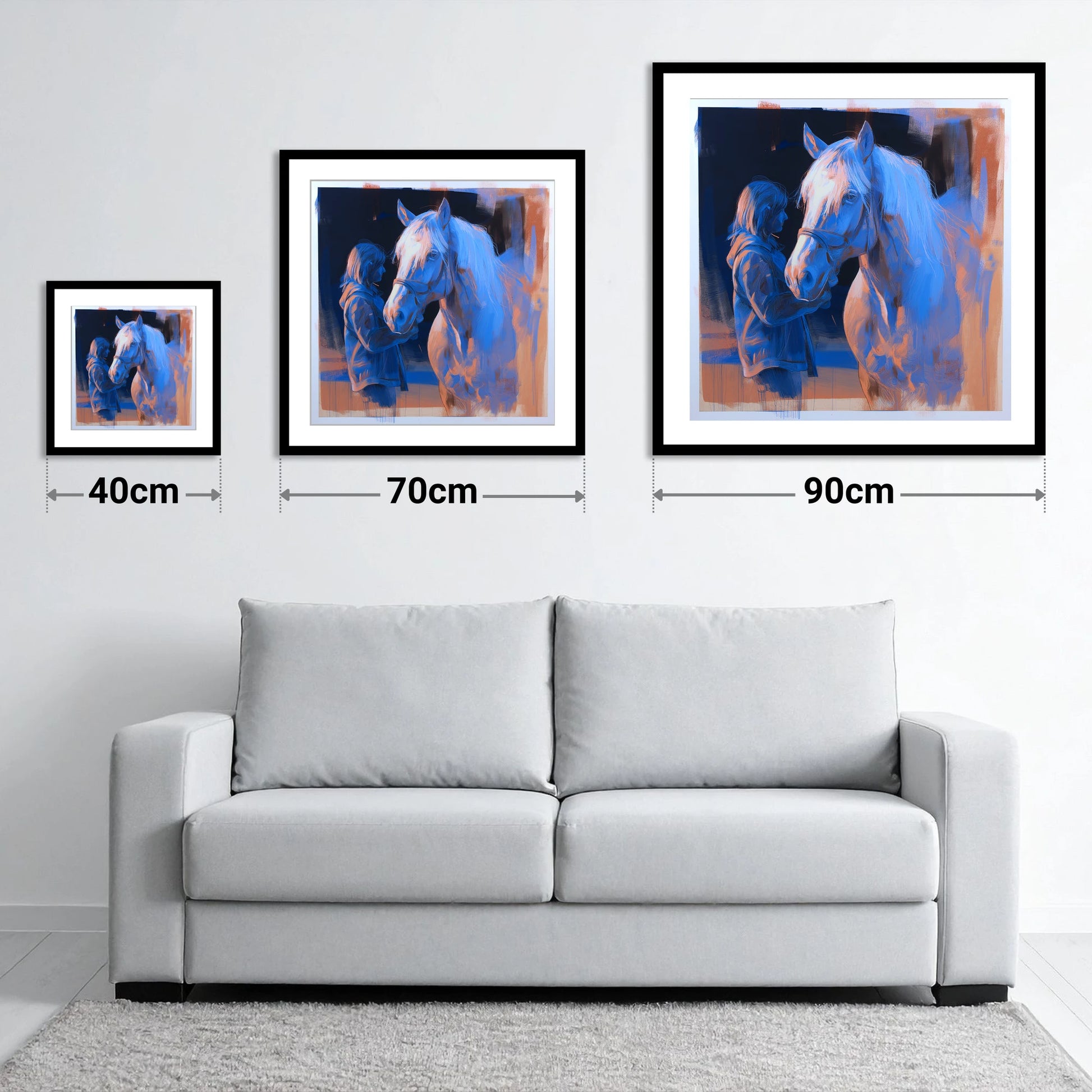 The Cobalt Bond - size guide showing 40cm, 70cm and 90cm art prints