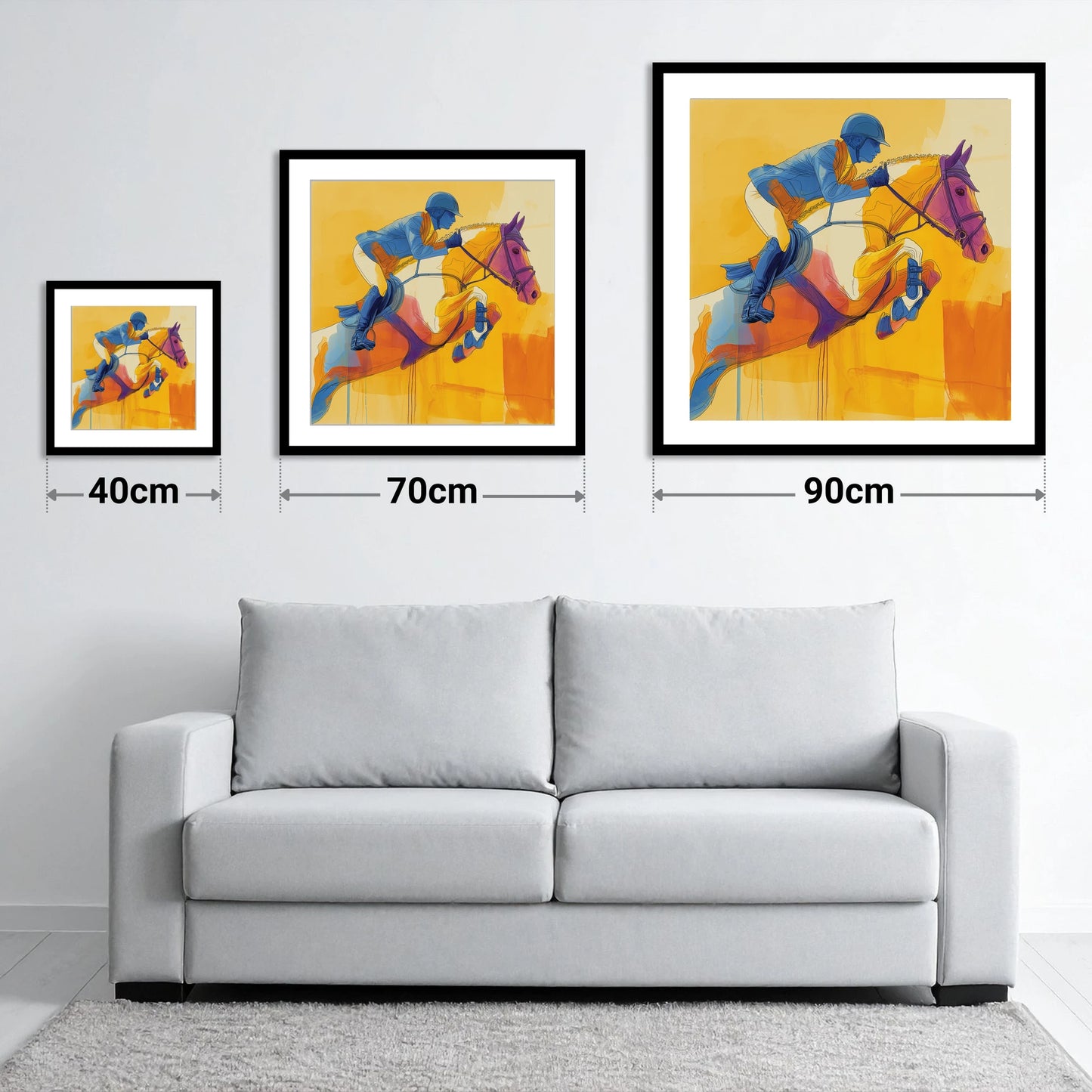 Airborne in Cobalt - size guide showing 40cm, 70cm and 90cm art prints