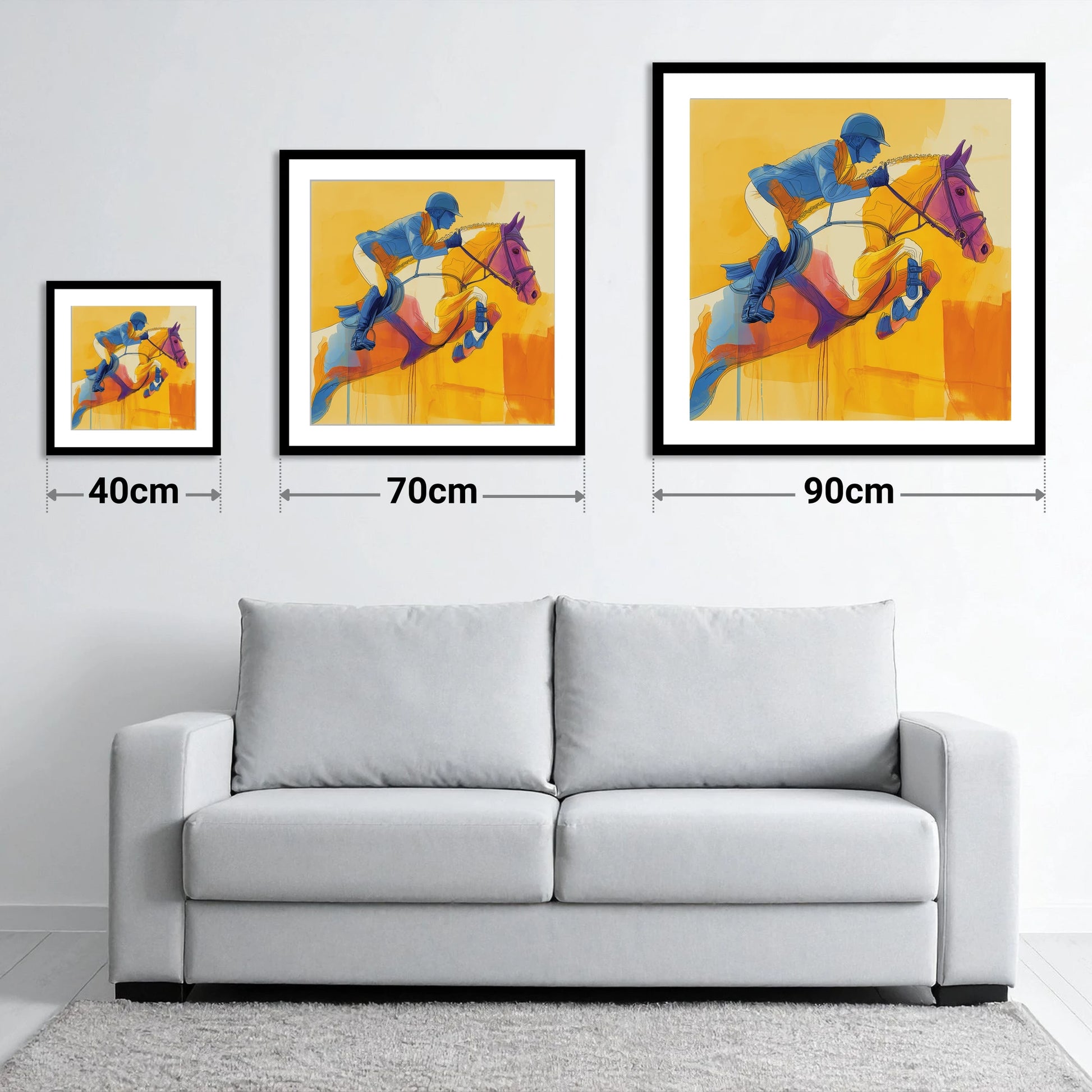 Airborne in Cobalt - size guide showing 40cm, 70cm and 90cm art prints