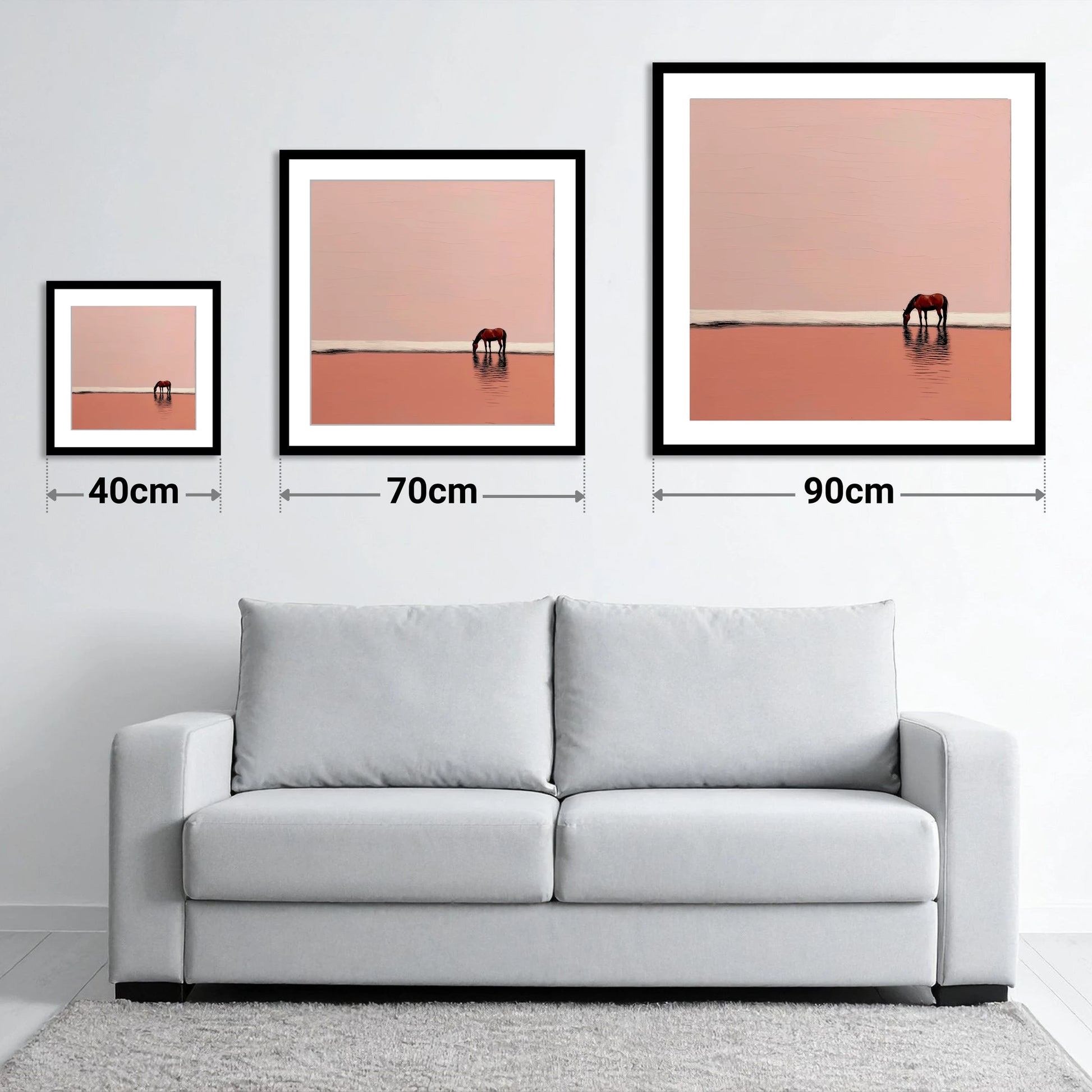 Dusty Rose Solitude - size guide showing 40cm, 70cm and 90cm art prints