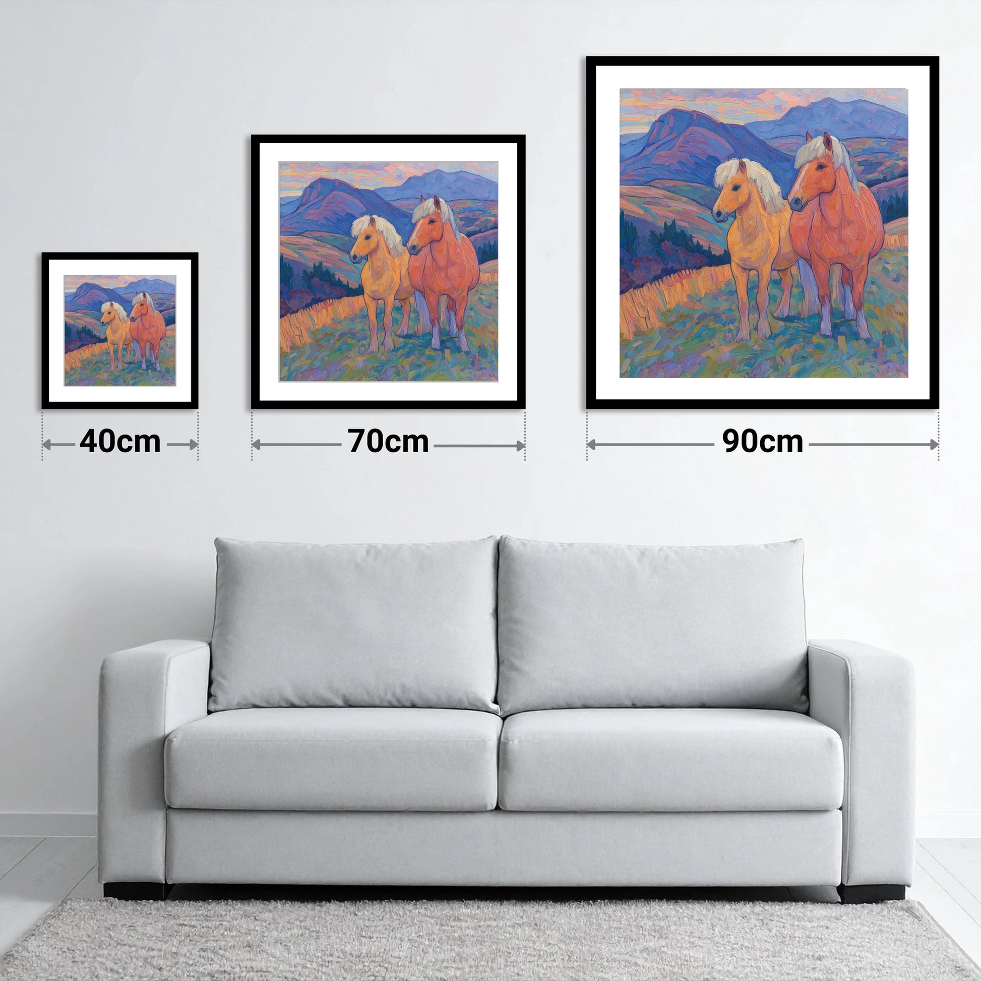 Highland Fjord Companions - size guide showing 40cm, 70cm and 90cm art prints