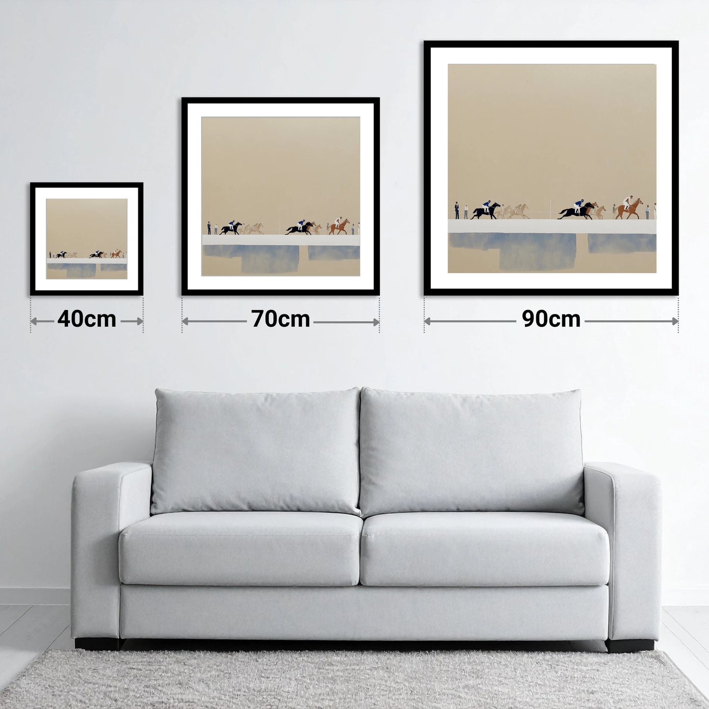 The Final Stretch - size guide showing 40cm, 70cm and 90cm art prints