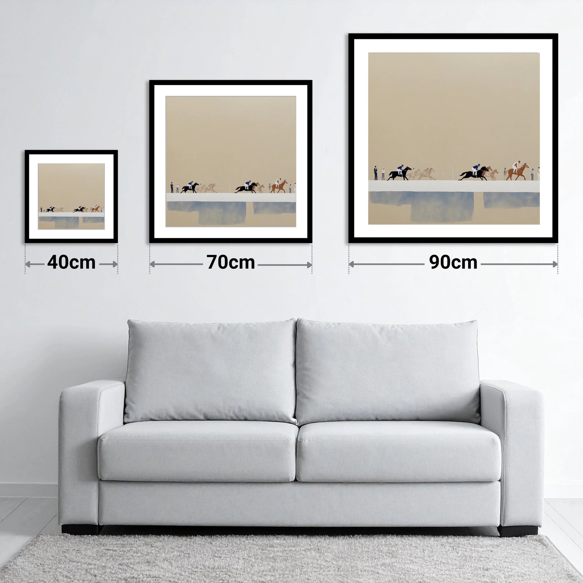 The Final Stretch - size guide showing 40cm, 70cm and 90cm art prints