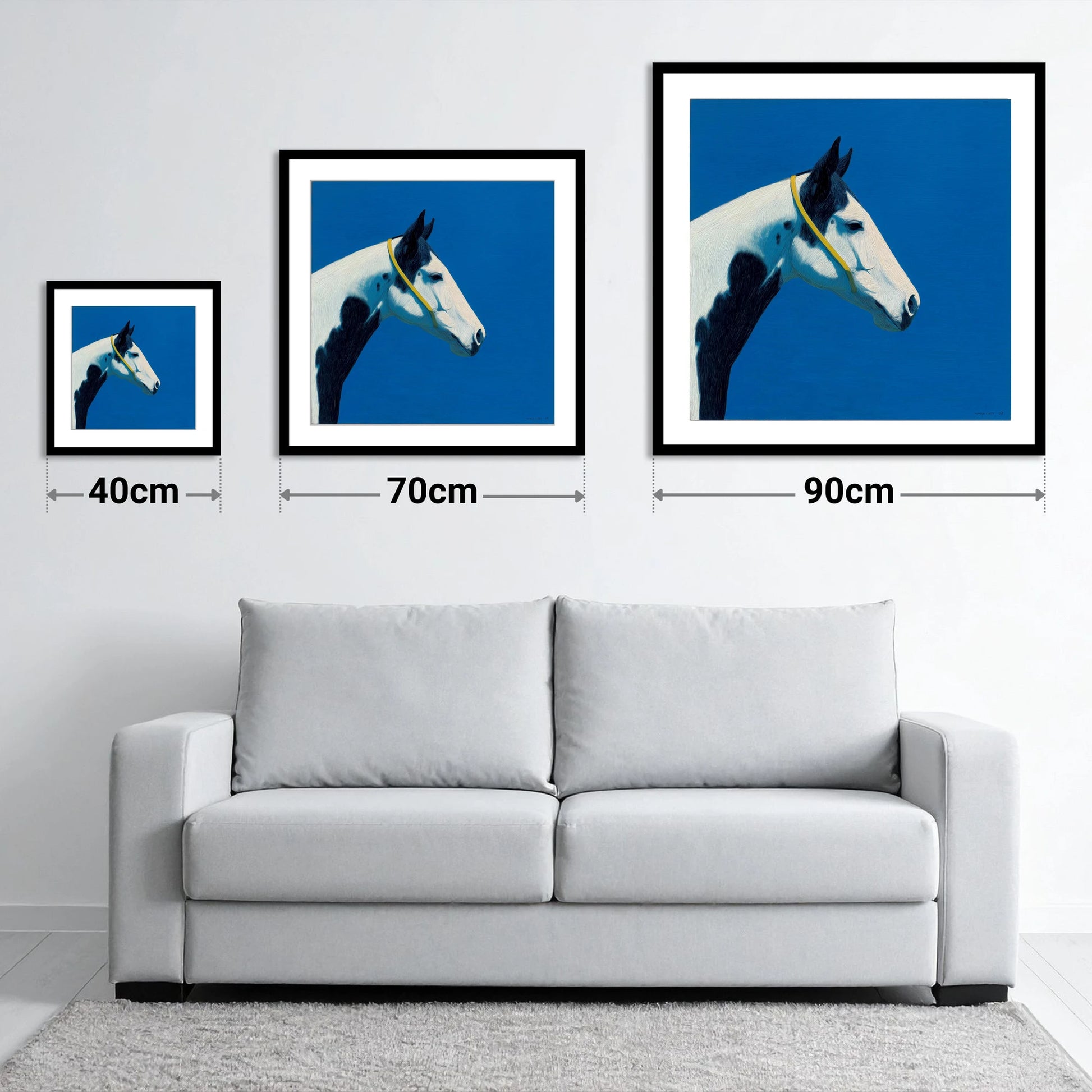 Azure Piebald Profile - size guide showing 40cm, 70cm and 90cm art prints