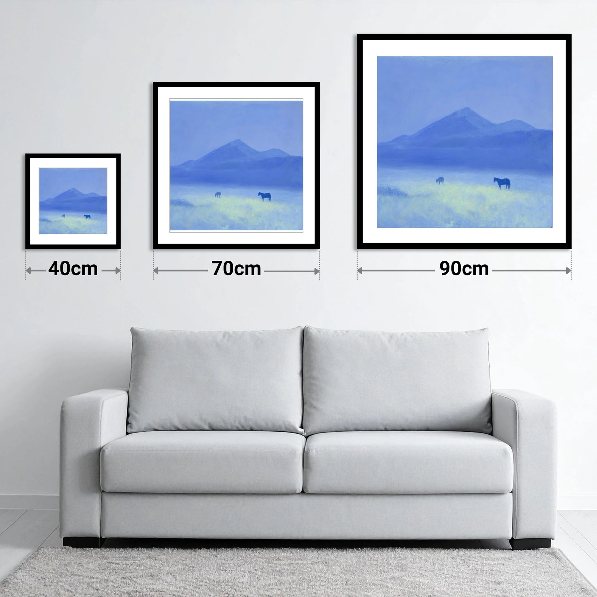 Azure Morning Mist - size guide showing 40cm, 70cm and 90cm art prints