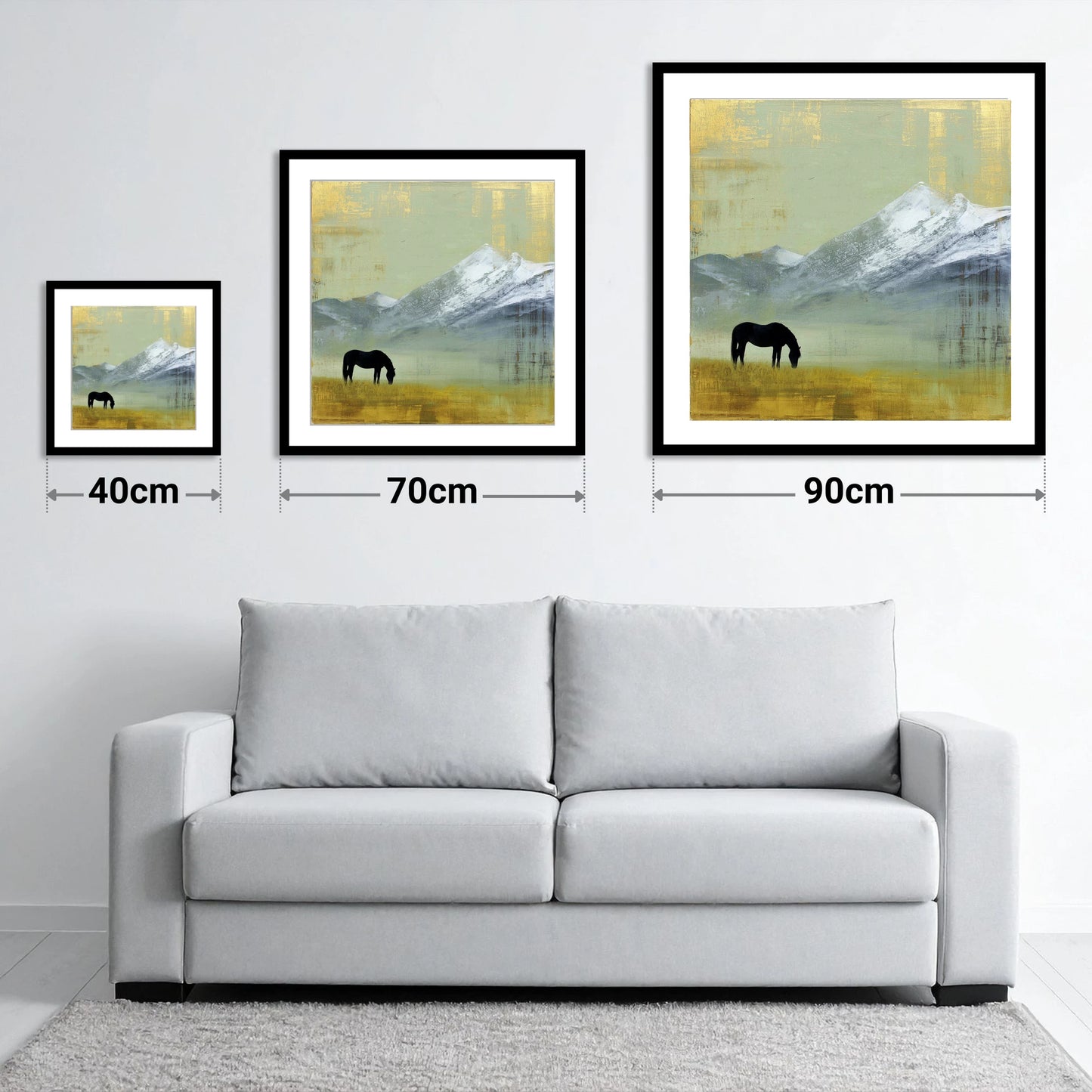 Gilded Mountain Solitude - size guide showing 40cm, 70cm and 90cm art prints
