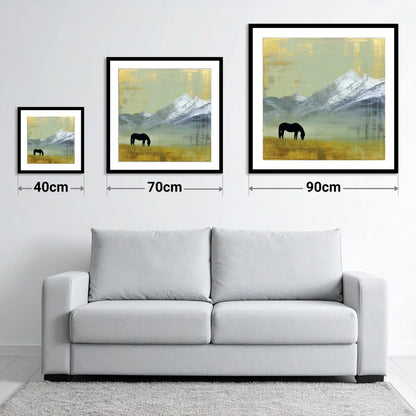 Gilded Mountain Solitude - size guide showing 40cm, 70cm and 90cm art prints